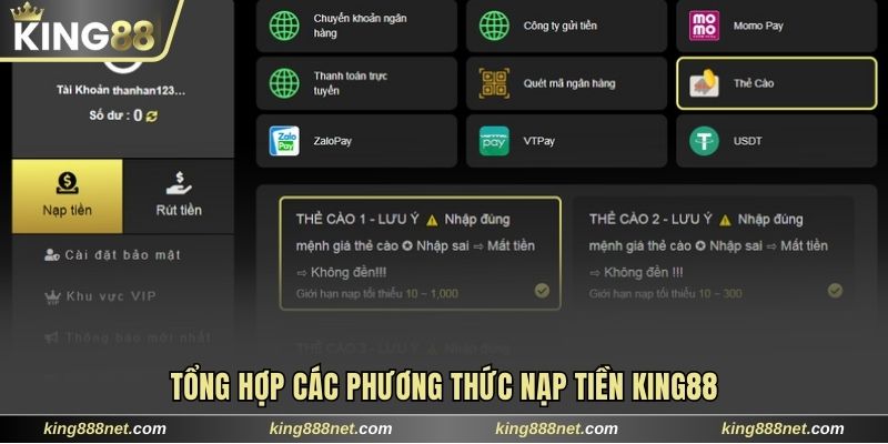 Nạp Tiền King88 Các phương thức nạp tiền King88 hợp lệ