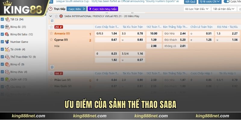 Saba Sports King88 Mang Đến Kho 999+ Kèo Có Thưởng Khủng Ưu điểm của sảnh Thể thao Saba